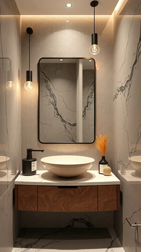 Stylish corner vanity with a vessel sink and modern lighting