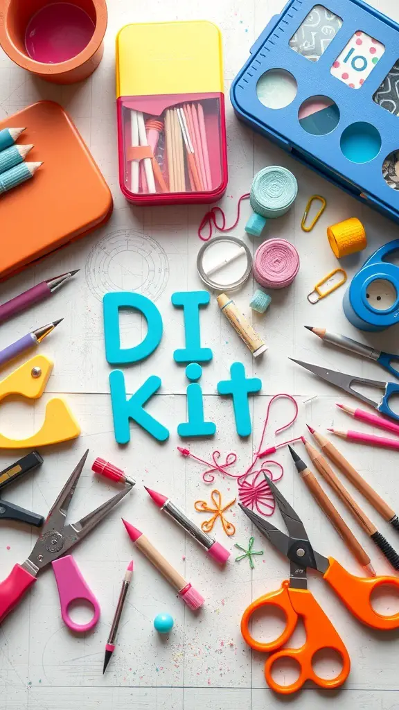 Colorful DIY crafting supplies including scissors, colored pencils, and threads arranged around the words 'DIY Kit'.