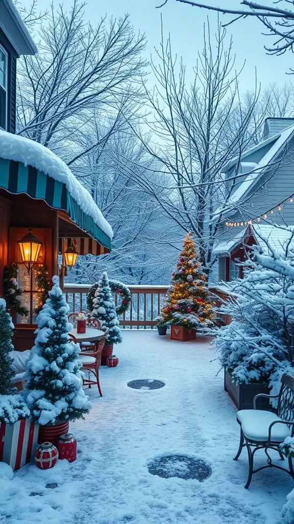 A snowy patio decorated for Christmas with a tree, lanterns, and potted plants.