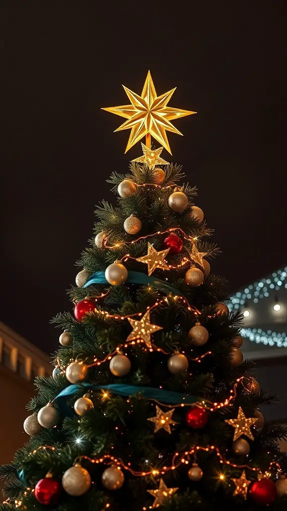 23+ Stunning Christmas Tree Topper Ideas to Inspire Your Holiday Decor 8 A beautifully decorated Christmas tree with a glowing star topper.