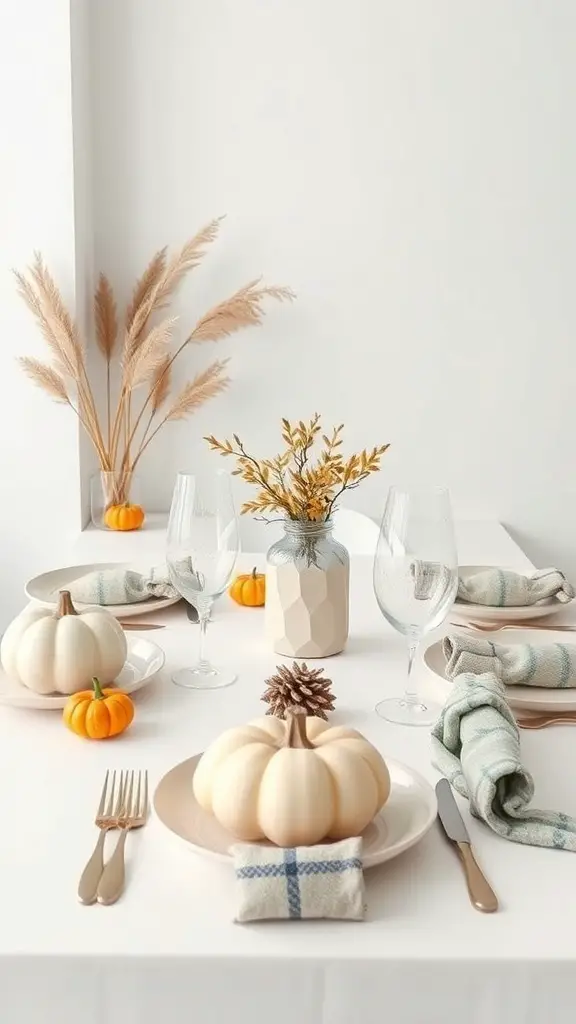 A modern minimalist Thanksgiving dinner table setting with pumpkins, dried flowers, and simple tableware.