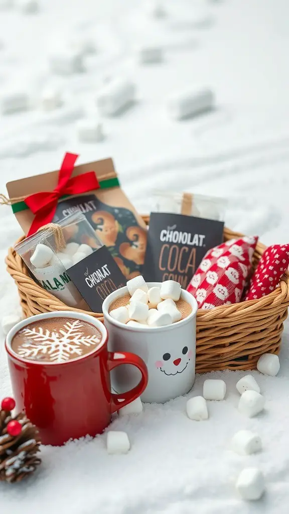 A cozy DIY Hot Chocolate Kit with mugs, hot chocolate mixes, and marshmallows in a basket.