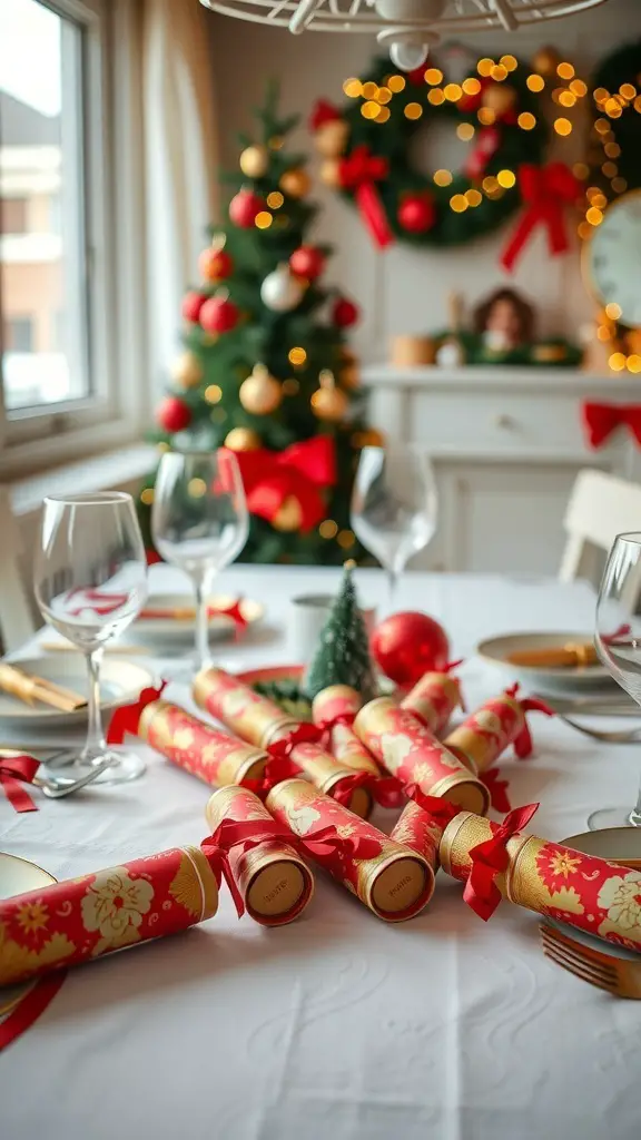 A festive Christmas table with red and gold Christmas crackers, a decorated tree, and holiday decorations.