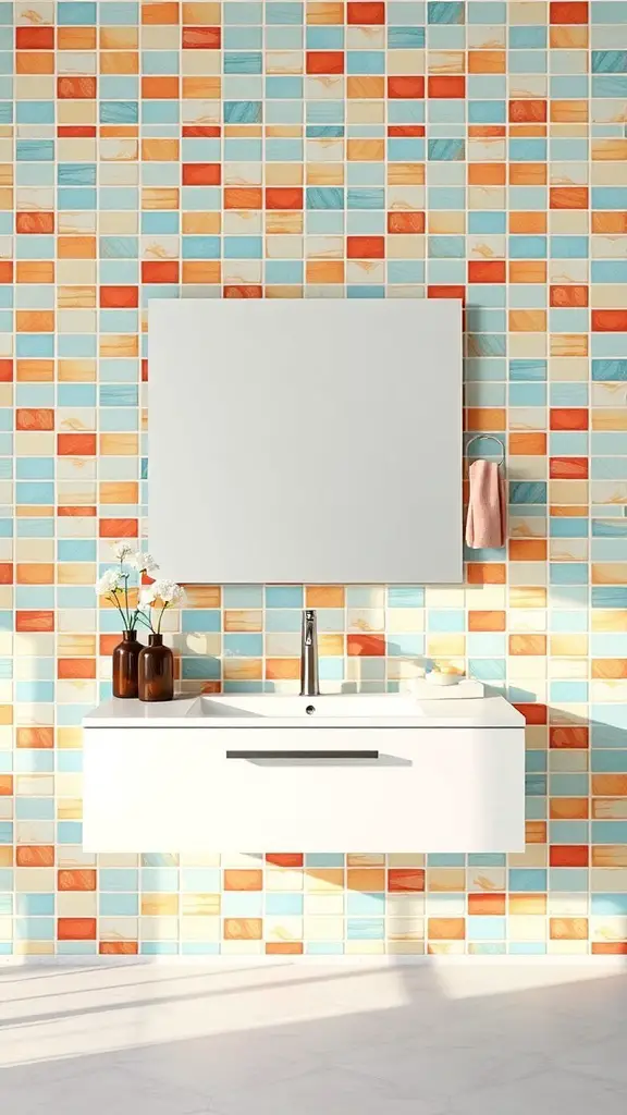 27+ Stunning Floating Vanity Ideas for Your Bathroom Renovation 14 A bathroom with a colorful tile backdrop featuring blue, orange, and cream tiles, complemented by a modern floating vanity.
