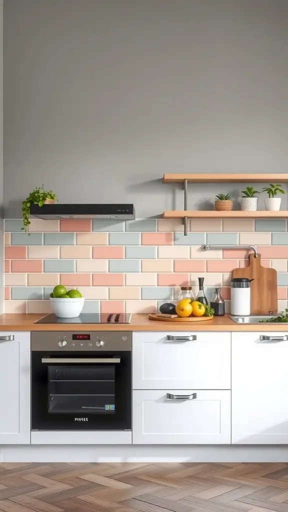 29+ Creative Wall Tile Accent Strip Ideas for Stunning Interiors 15 A modern kitchen with a pastel color block tile backsplash, featuring mint green, soft pink, and light blue tiles.