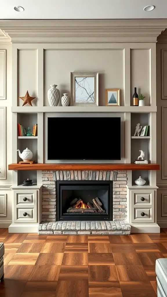 29+ Stunning TV Fireplace Wall Ideas You’ll Love 4 A stylish living room with built-in shelves surrounding a fireplace and a mounted TV.