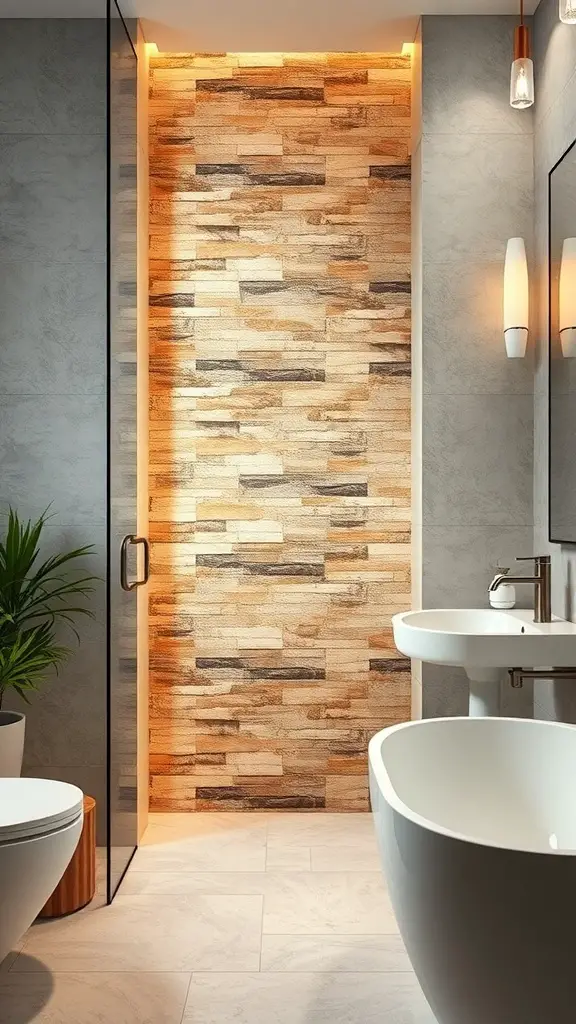 29+ Creative Wall Tile Accent Strip Ideas for Stunning Interiors 6 Bathroom with natural stone accent wall and modern fixtures