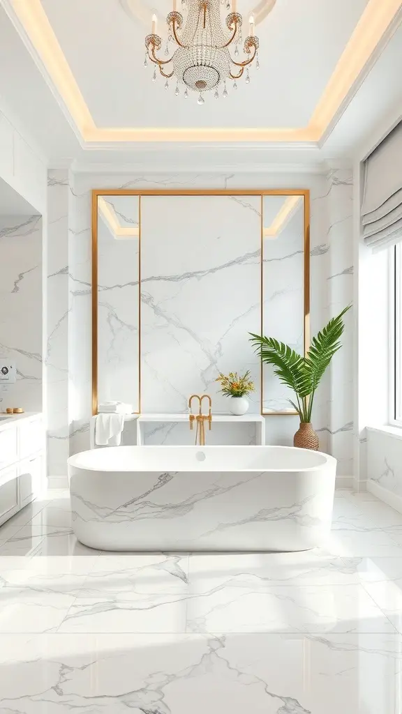 29+ Stunning Bathroom Flooring Ideas to Transform Your Space 5 Luxurious bathroom featuring marble flooring, a freestanding bathtub, and elegant decor.