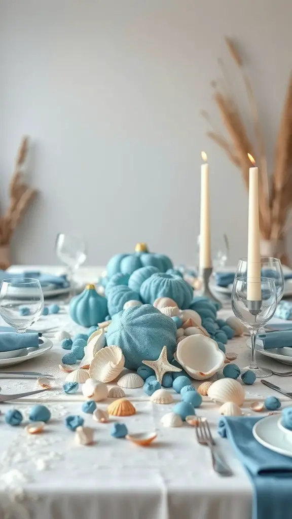 Ocean-inspired Thanksgiving table decor featuring blue pumpkins, seashells, and candles.
