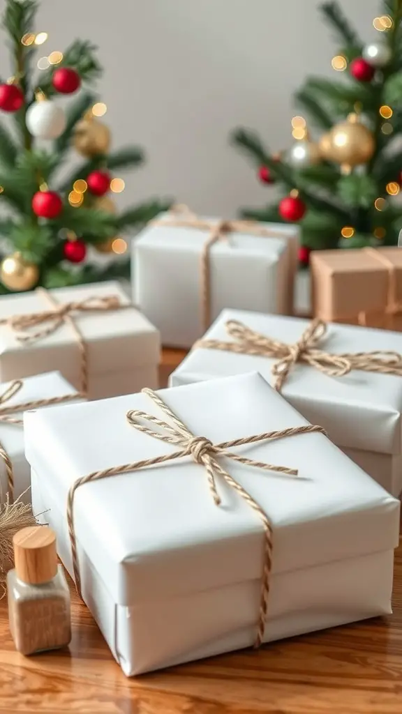 Minimalist gift wrapping with white boxes and twine, decorated with small trees in the background.