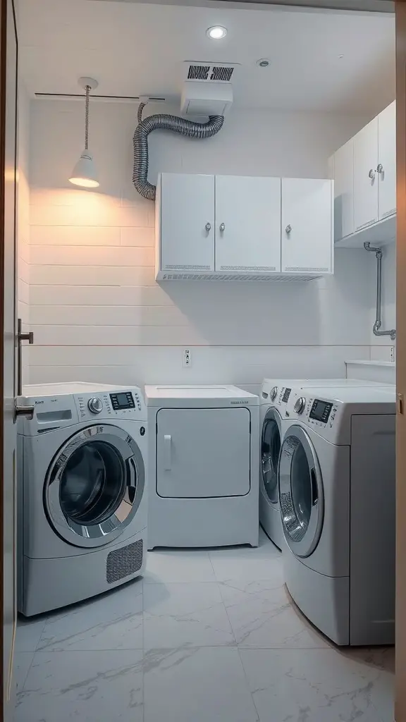 Bright and organized small laundry room with modern appliances and smart lighting solutions.