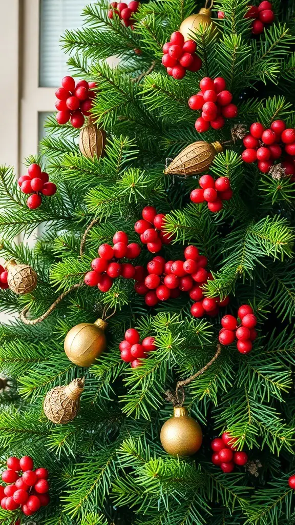A close-up of a Christmas tree with green branches, red berries, and golden ornaments.