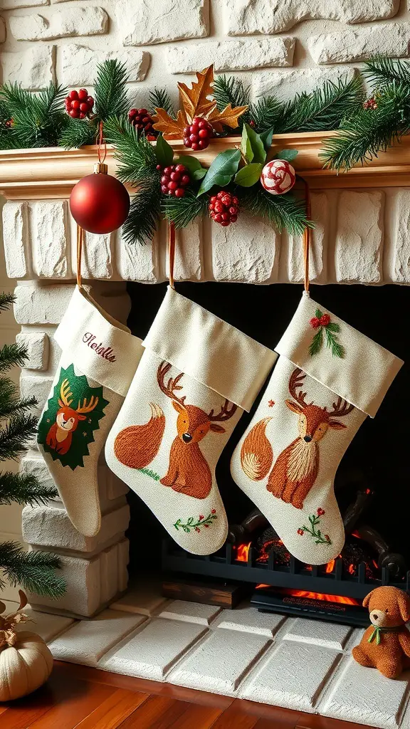 Three woodland-themed Christmas stockings hanging above a fireplace, decorated with deer and greenery.