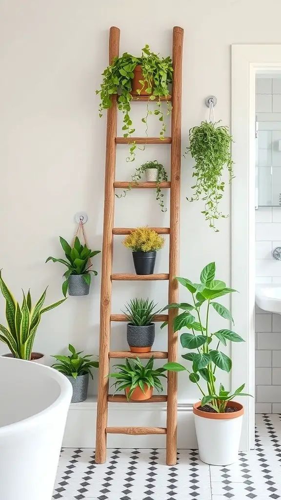 27+ Creative Plant Display Ideas to Transform Your Bathroom 9 A wooden ladder with potted plants in a bathroom setting.