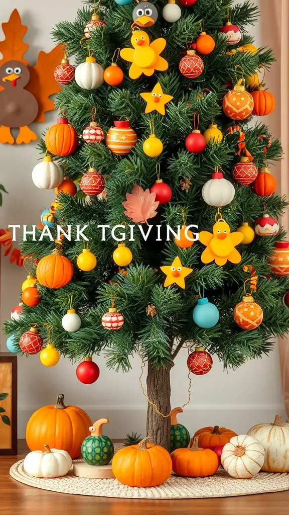 A Thanksgiving tree decorated with colorful ornaments and pumpkins.