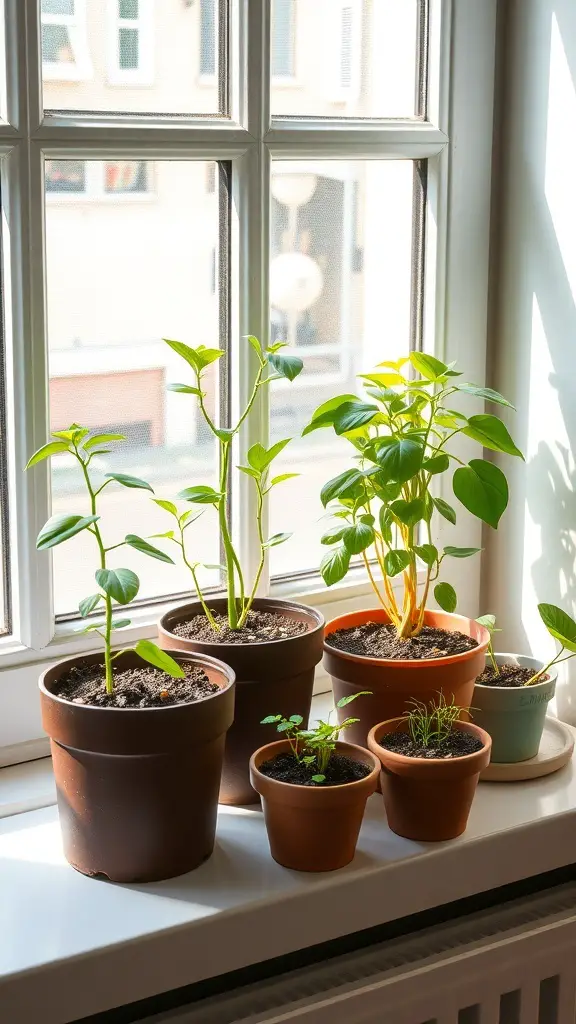 A collection of indoor plants in pots on a windowsill, soaking up sunlight.