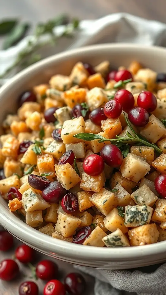 A bowl of savory stuffing with sage, featuring bread cubes, cranberries, and herbs.