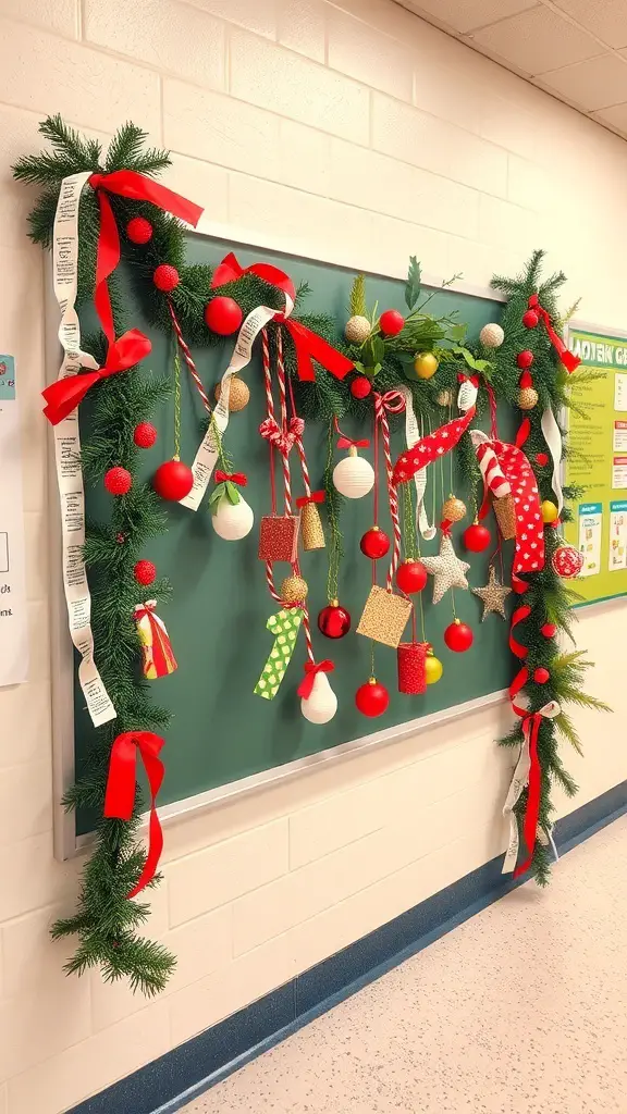 A colorful Christmas garland made from recycled materials, hanging on a classroom wall.