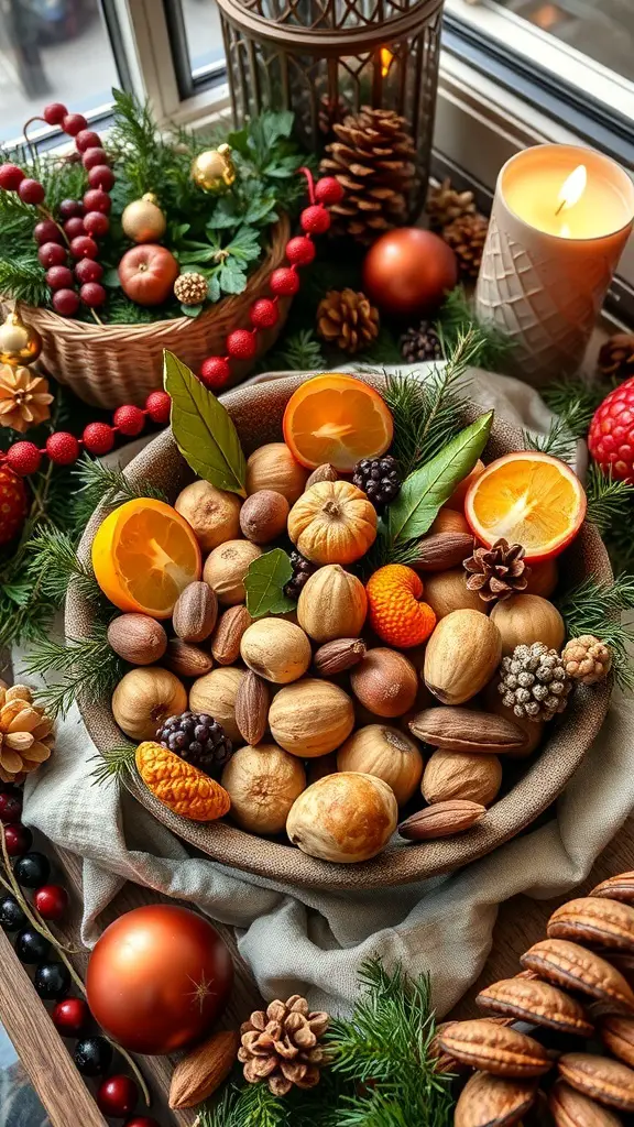 A beautifully arranged bowl of seasonal fruits and nuts, surrounded by holiday decorations.