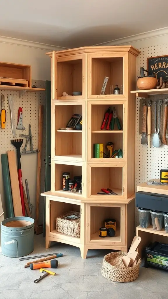 25+ Stylish Bathroom Corner Cabinets for Every Space 3 A wooden corner cabinet in a workshop setting, surrounded by tools and storage items.