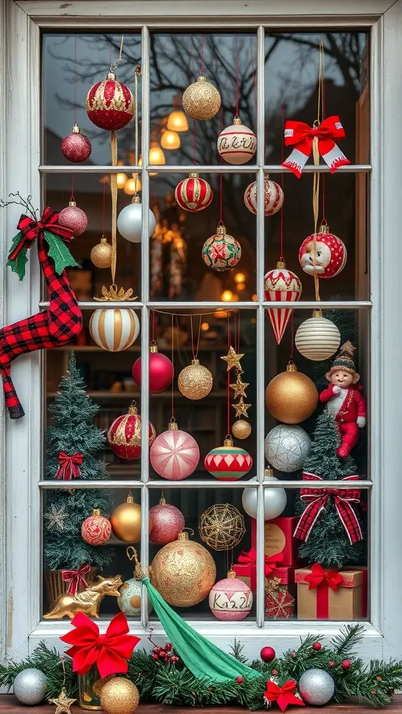 23+ Stunning Christmas Window Decorations to Brighten Your Home 9 A vintage Christmas window display with colorful ornaments, small evergreen trees, and festive decorations.
