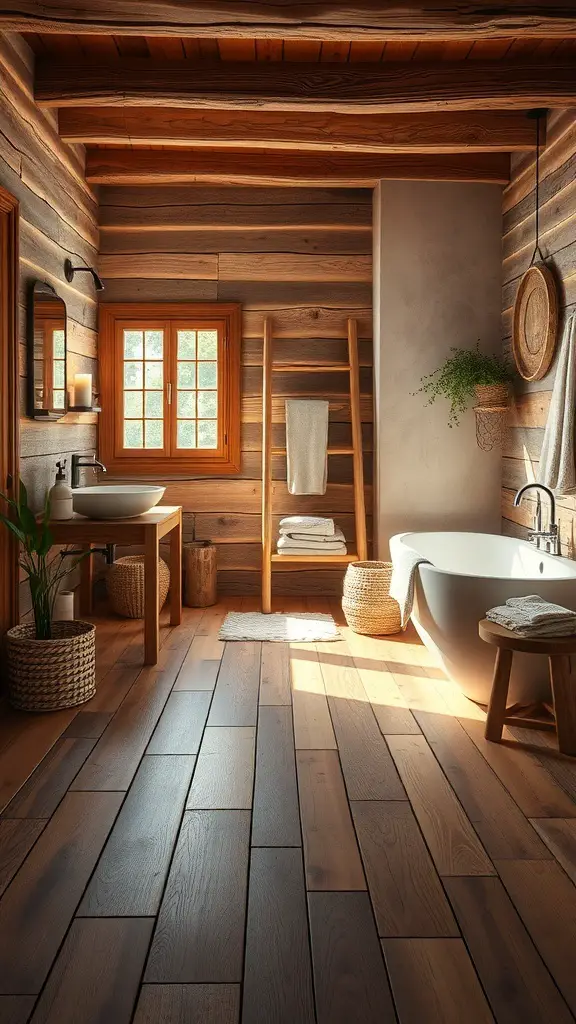 A rustic bathroom featuring wooden flooring, wooden walls, a freestanding bathtub, and natural decor.