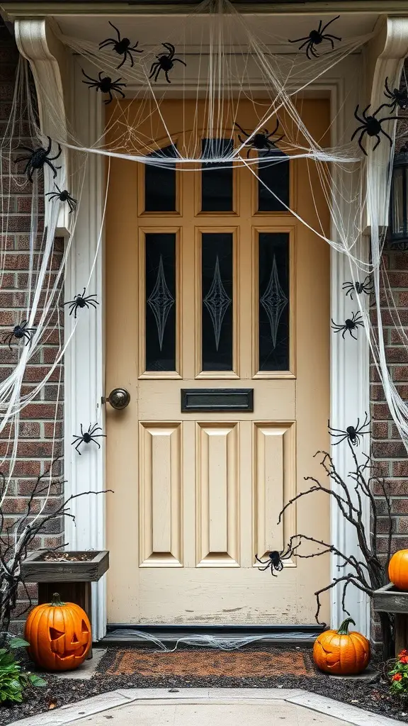 A Halloween entrance decorated with spider webs, black spiders, and carved pumpkins.