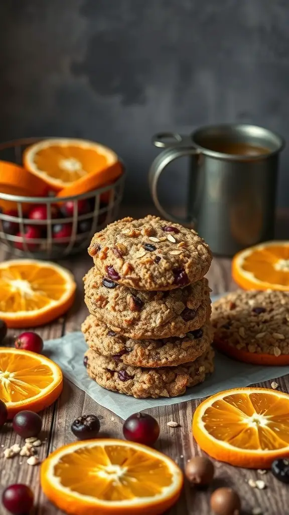 A stack of cranberry orange oatmeal cookies surrounded by orange slices and a cup of tea.