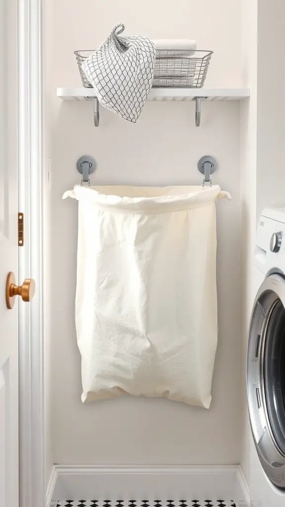 25+ Creative Wall Mounted Laundry Hamper Ideas for Space-Saving Solutions 13 Foldable canvas laundry hamper mounted on the wall with clips