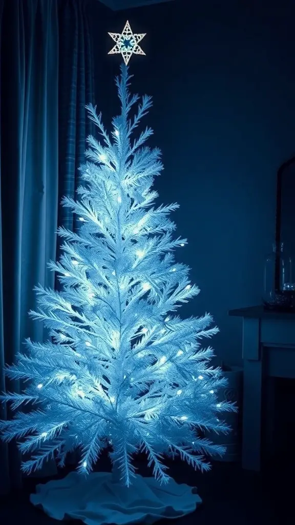 A frosted white Christmas tree illuminated with soft blue fairy lights, featuring a star on top.