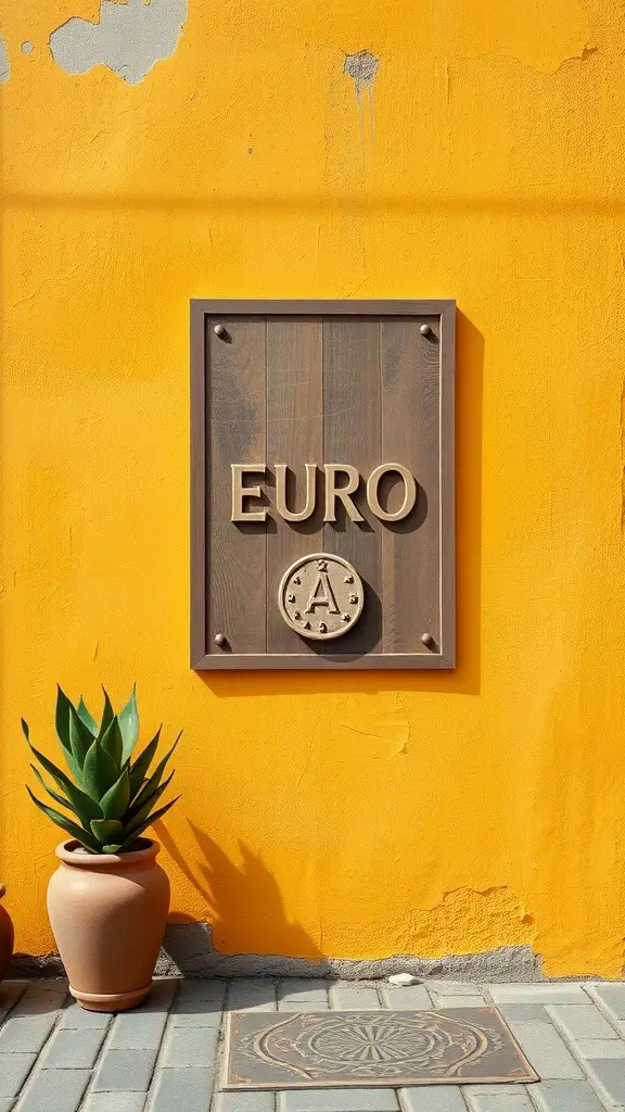 A wooden plaque with the word 'EURO' on a vibrant yellow wall, accompanied by potted plants.