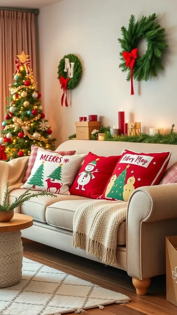 25+ Creative Christmas Decor Ideas for Your Living Room 4 A cozy living room decorated for Christmas with festive throw pillows and a knitted blanket on the sofa.