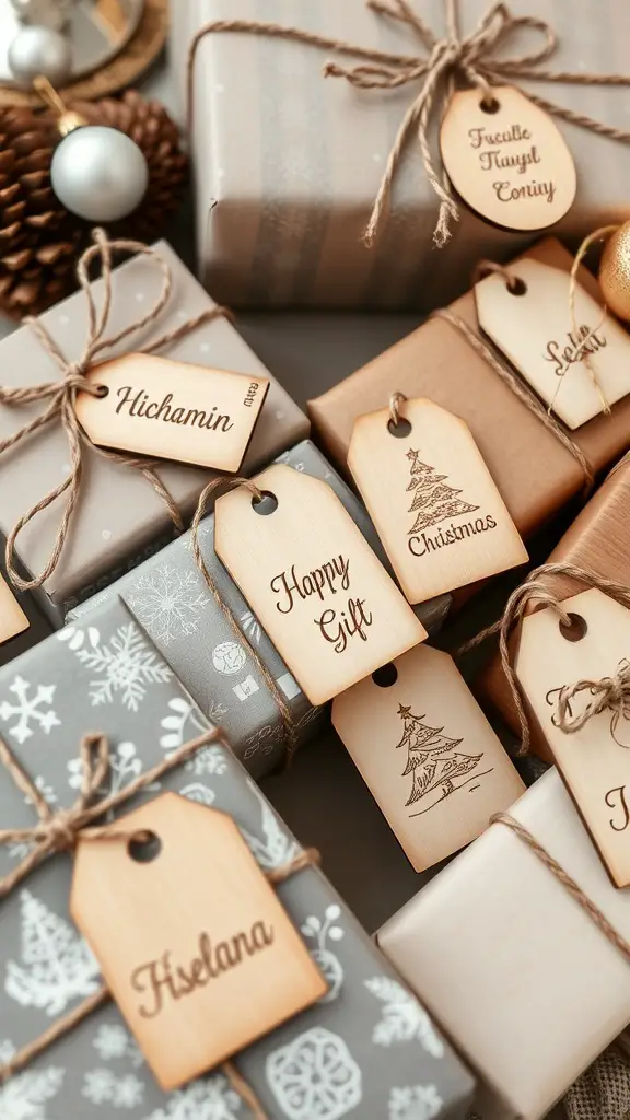 Handmade wooden gift tags on wrapped presents