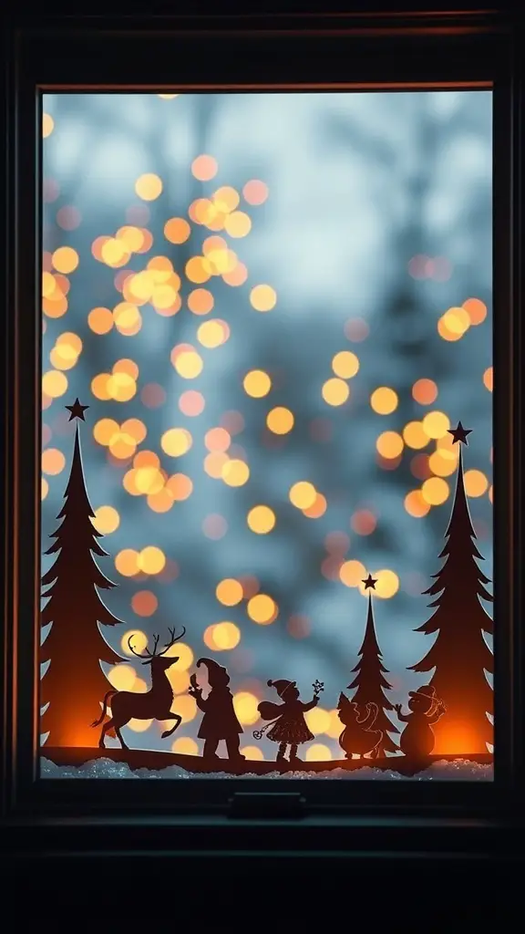 23+ Stunning Christmas Window Decorations to Brighten Your Home 6 A window decorated with whimsical holiday silhouettes including a reindeer, Santa, and a snowman, illuminated by warm lights.