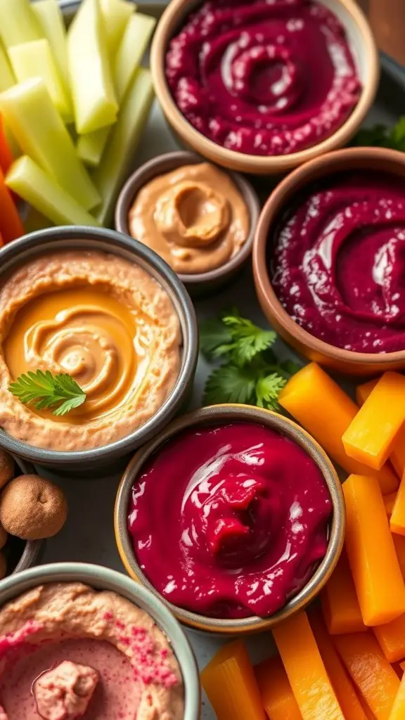 29+ Festive Grazing Table Ideas for a Perfect Christmas Celebration 3 A variety of dips and spreads including hummus, beetroot dip, and nut spread, served with fresh vegetables and cheese cubes.