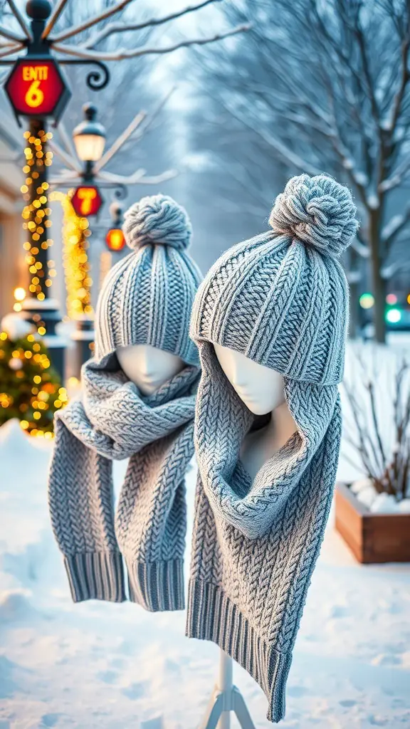 29+ Creative Sewing Projects for Handmade Christmas Gifts 15 Two gray knitted hats and scarves displayed in a snowy outdoor setting
