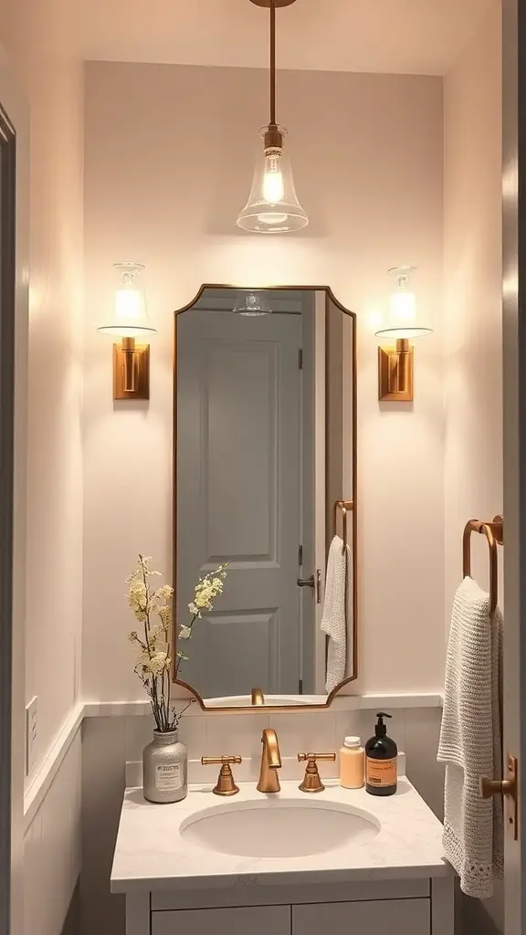 25+ Chic Half Bathroom Ideas to Refresh Your Space 6 A stylish half bathroom featuring luxurious lighting fixtures, including a pendant light and wall sconces, with a modern sink and mirror.