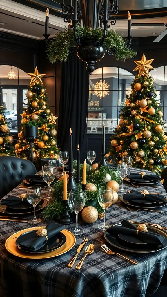 A chic Christmas tablescape featuring black and gold elements, with a dark tablecloth, elegant plates, and festive decorations.