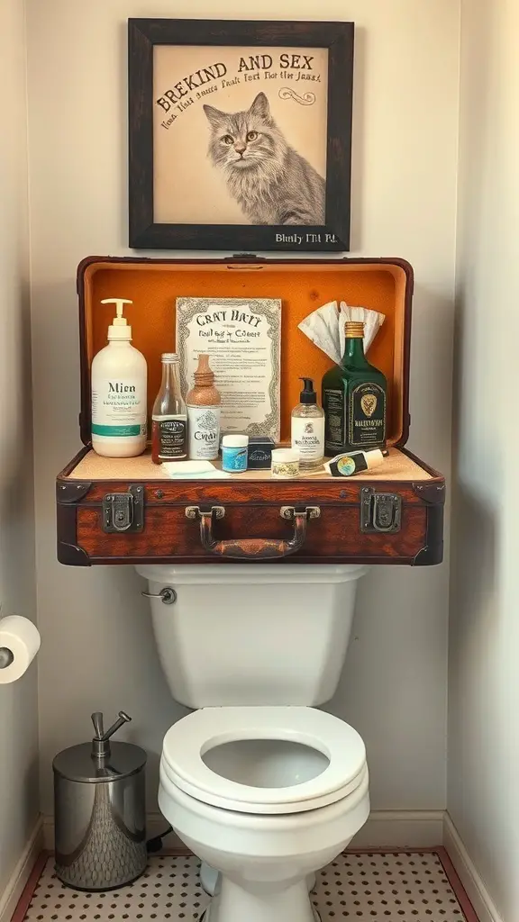 27+ Stylish Over the Toilet Storage Ideas to Maximize Your Space 5 A vintage suitcase used as a storage solution above a toilet, holding various toiletries and decorative items.