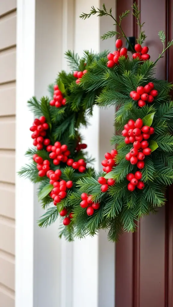 A bright red and green holiday wreath with berries and greenery.