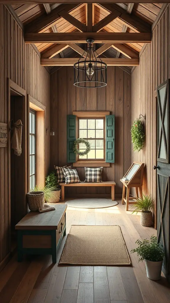 29+ Inspiring Barndominium Interior Ideas You’ll Love 10 Cozy wooden entryway with a bench, pillows, plants, and a large window