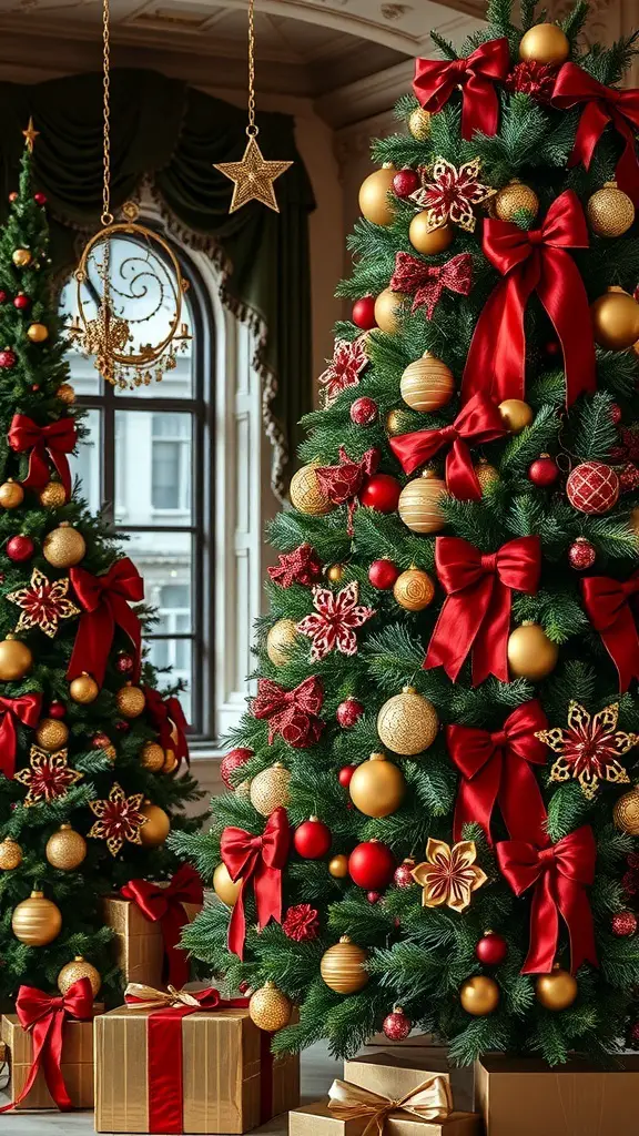 29+ Creative Christmas Tree Ribbon Decorating Ideas You’ll Love 14 Two Christmas trees decorated with red ribbons, gold ornaments, and surrounded by wrapped gifts.