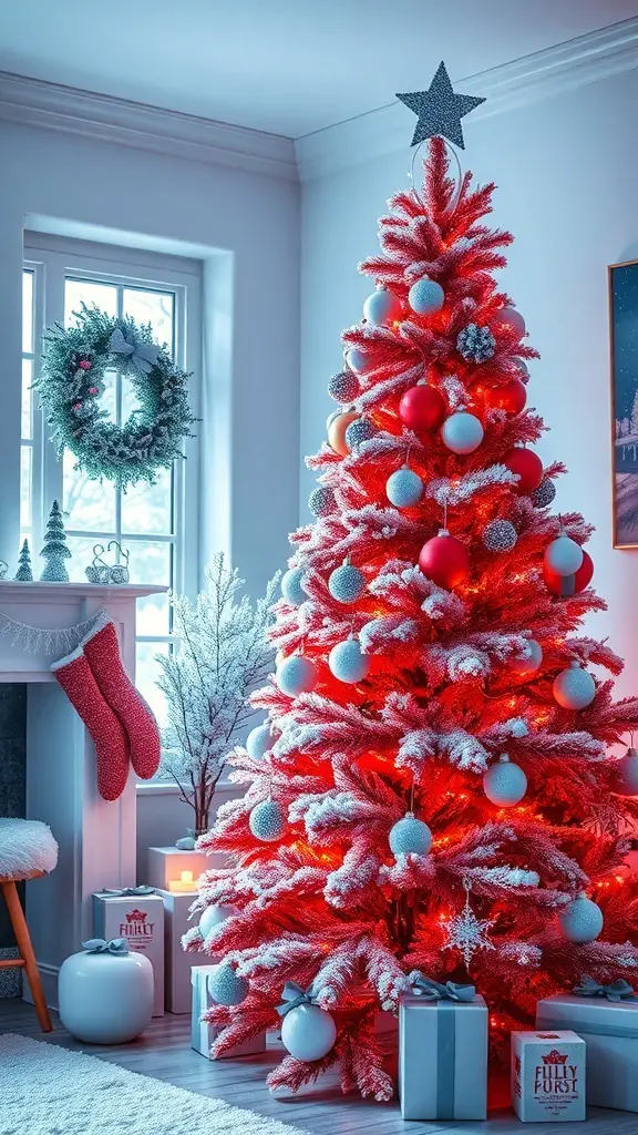 A frosted red Christmas tree decorated with red and silver ornaments, surrounded by holiday decorations.
