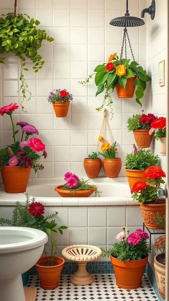 27+ Creative Plant Display Ideas to Transform Your Bathroom 14 A bathroom filled with vintage plant pots, featuring colorful flowers and greenery.