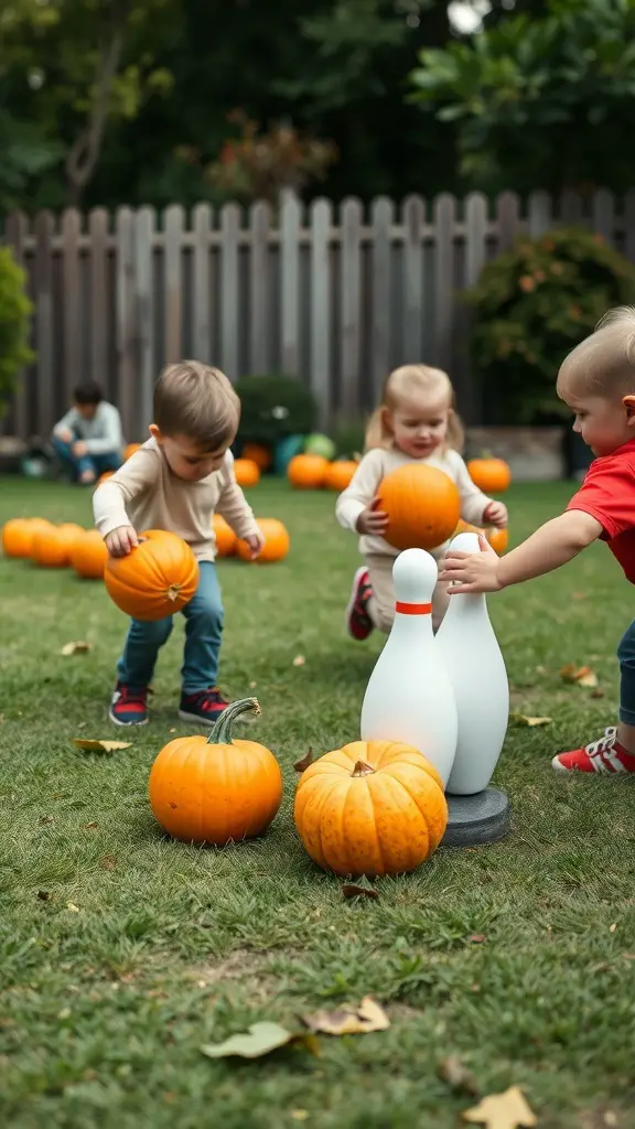 Children playing pumpkin bowling in a backyard