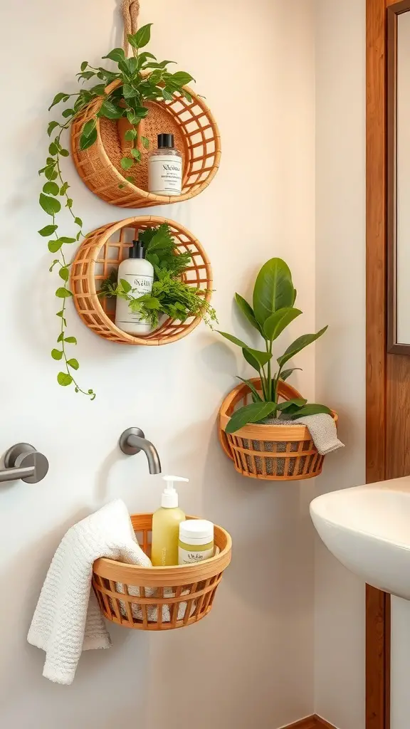 25+ Stylish Bathroom Wall Basket Ideas for Every Space 4 Bamboo wall baskets in a bathroom holding plants and toiletries