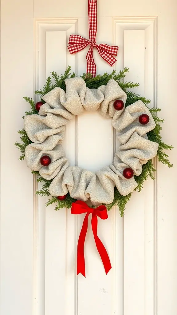 29+ Creative Sewing Projects for Handmade Christmas Gifts 13 A fabric wreath with a red bow and ornaments, decorated with greenery, hanging on a door.