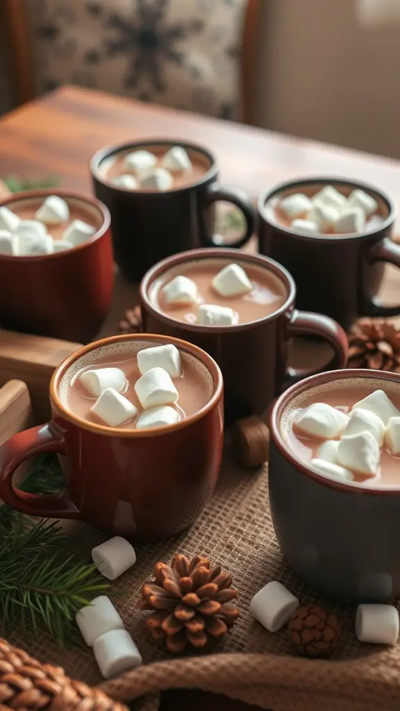 25+ Creative Christmas Coffee Table Decor Ideas to Elevate Your Holiday Style 5 A cozy display of mugs filled with hot cocoa and topped with marshmallows, surrounded by pinecones and greenery.