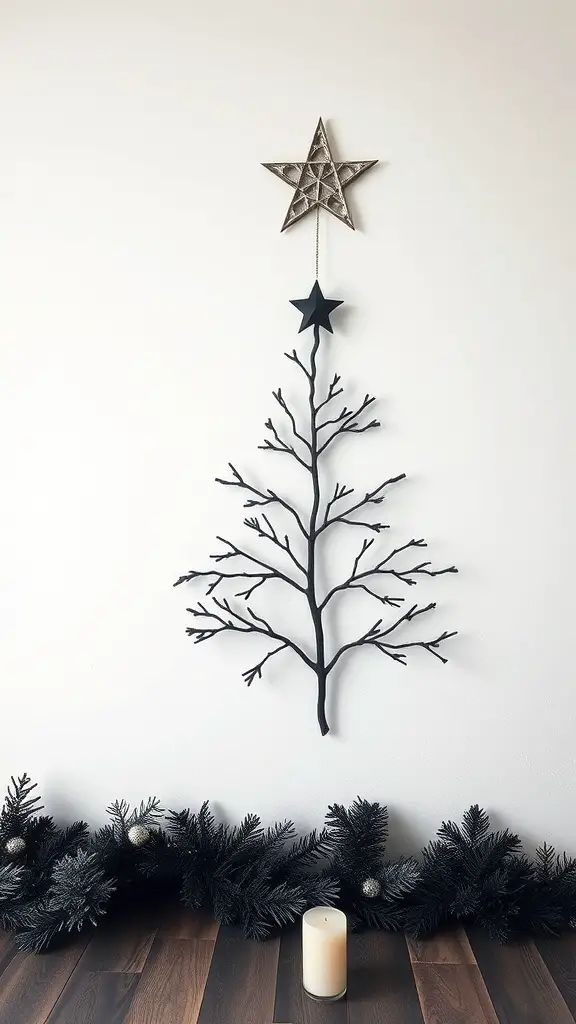 27+ Stunning Black Christmas Tree Ideas to Elevate Your Holiday Decor 10 A minimalist black Christmas tree alternative made from branches, topped with a star, surrounded by dark green garlands and a white candle.