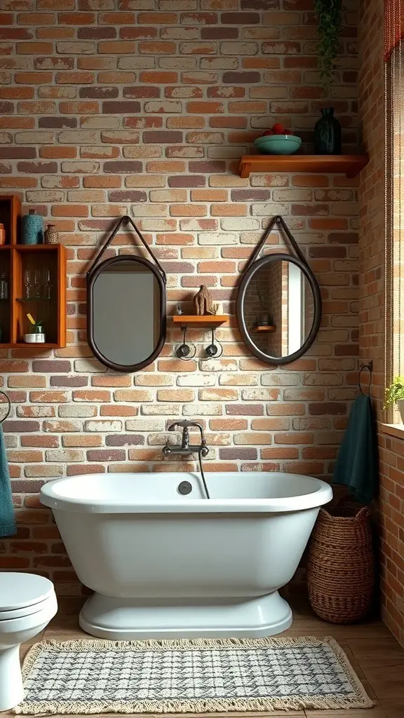23+ Stunning Bathroom Brick Wall Accent Ideas You Need to Try 3 A cozy bathroom featuring an exposed brick wall, a white bathtub, two mirrors, wooden shelves, and decorative items.
